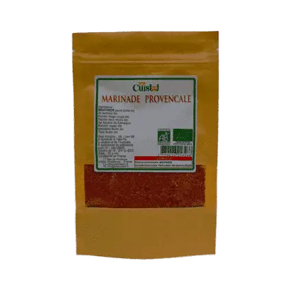 Marinade provençale bio, un mélange d'herbes et épices naturelles pour rehausser vos plats de viandes, poissons et légumes.
