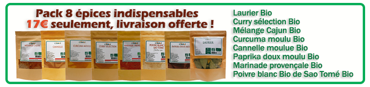 Pack de 8 épices bio indispensables pour la cuisine – Laurier, Curry, Mélange Cajun, Curcuma, Cannelle, Paprika doux, Marinade provençale et Poivre blanc de Sao Tomé – 17€ avec livraison offerte.