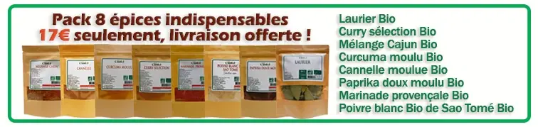 Pack de 8 épices bio indispensables pour la cuisine – Laurier, Curry, Mélange Cajun, Curcuma, Cannelle, Paprika doux, Marinade provençale et Poivre blanc de Sao Tomé – 17€ avec livraison offerte.